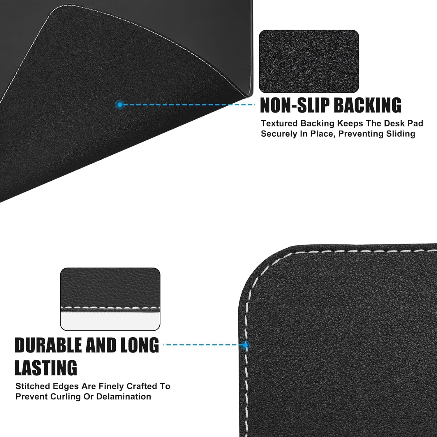 Desk Mat with Lip & Reinforced Stitched Edge|Non-Slip Waterproof PU Leather Desk Pad|Ergonomic Keyboard Mouse Pad With edge Protector|for Office, Home, Study(23.6" x 16.5",Black)