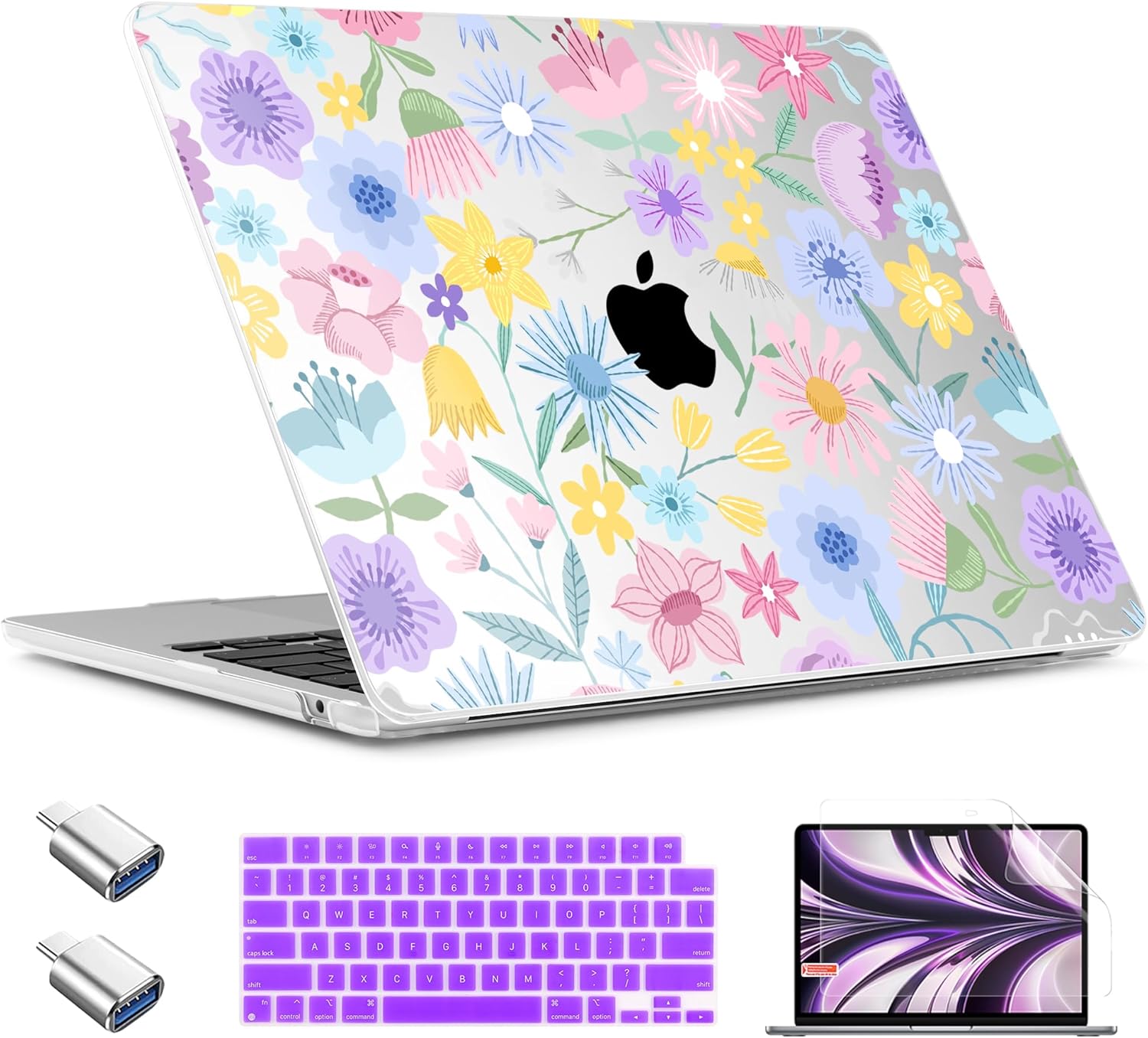 TWOLSKOO Compatible with M4 MacBook Air 15 inch Case 2025-2023 Released Model M4 A3241 M3 A3114 M2 A2941, Plastic Hard Shell & Screen Protector & Keyboard Cover & Type C Adapter, Flying Astronauts