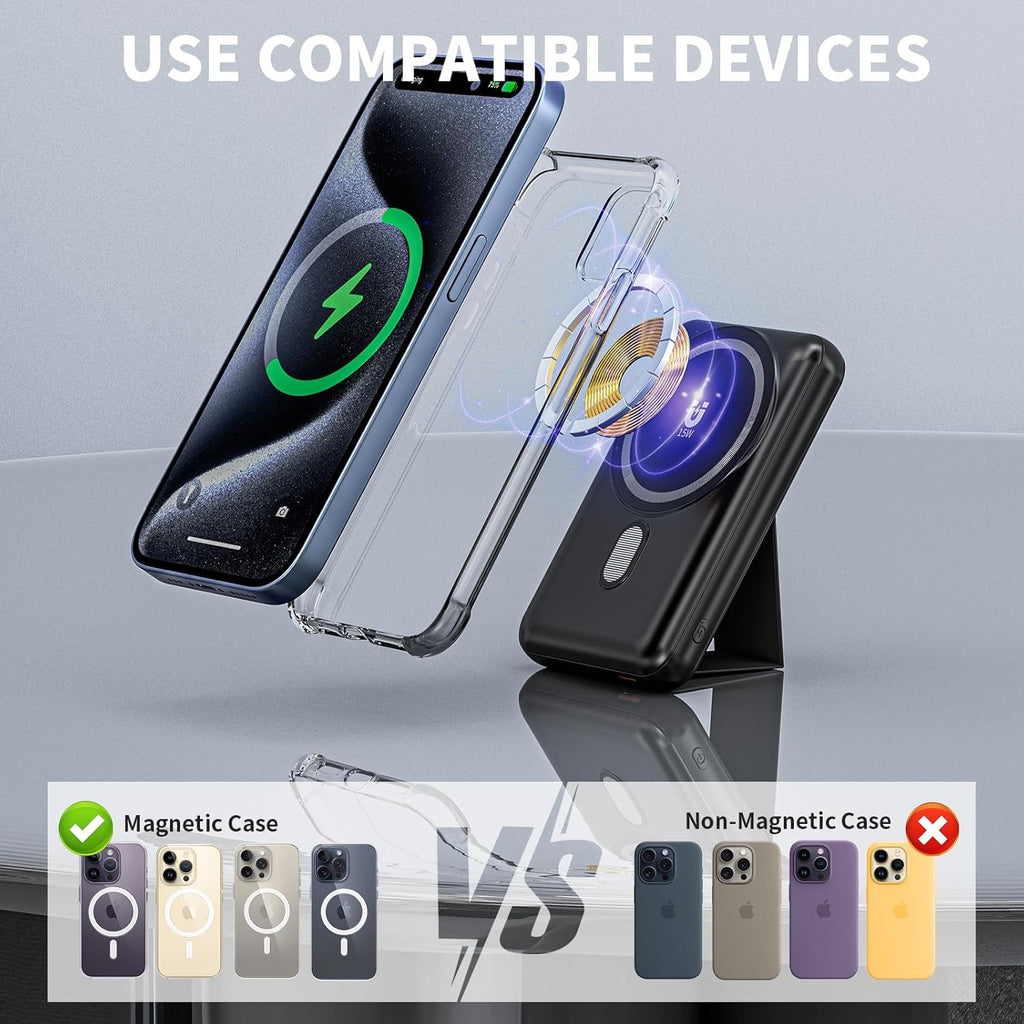 Magnetic Power Bank 10000mAh, Wireless Portable Charger with Stand, 15W Fast Charging Magnetic Battery Pack w/USB-C, Compatible with Magsafe iPhone 15/15 Plus/15 Pro/15 Pro Max, iPhone 14/13/12 Series