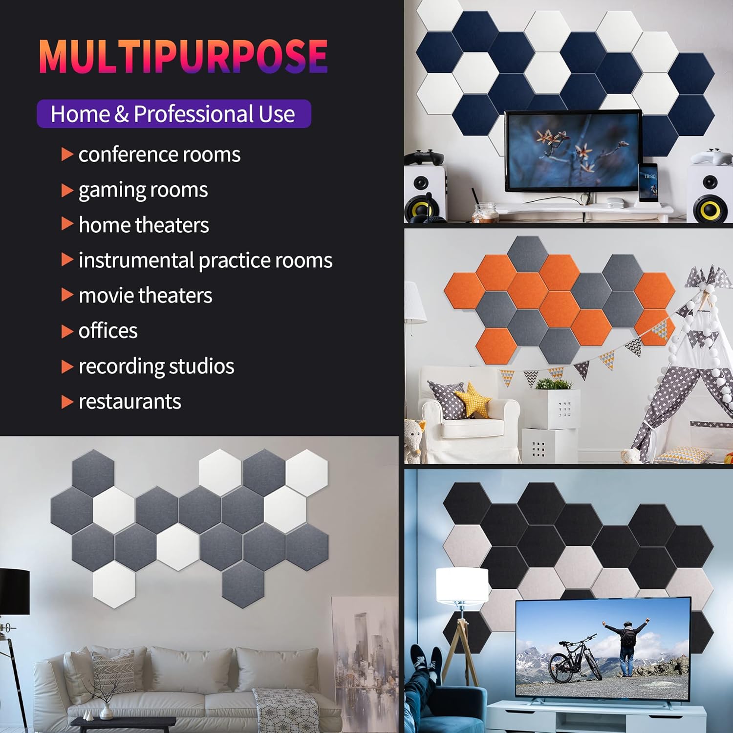 Mollywell Hexagon Acoustic Panels, High Density, Soundproofing, Decorative Noise Reduction Felt Wall Tiles for Ceilings, Home Office & Gaming Room (Deep Blue), 14x12x0.4 Inch