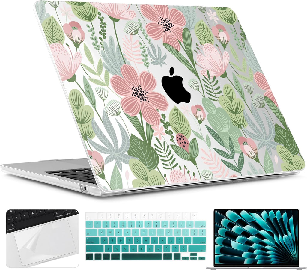 TWOLSKOO Compatible with M4 MacBook Air 15 inch Case 2025-2023 Released Model M4 A3241 M3 A3114 M2 A2941, Plastic Hard Shell & Screen Protector & Keyboard Cover & Trackpad Film, Leaves Flowers X732