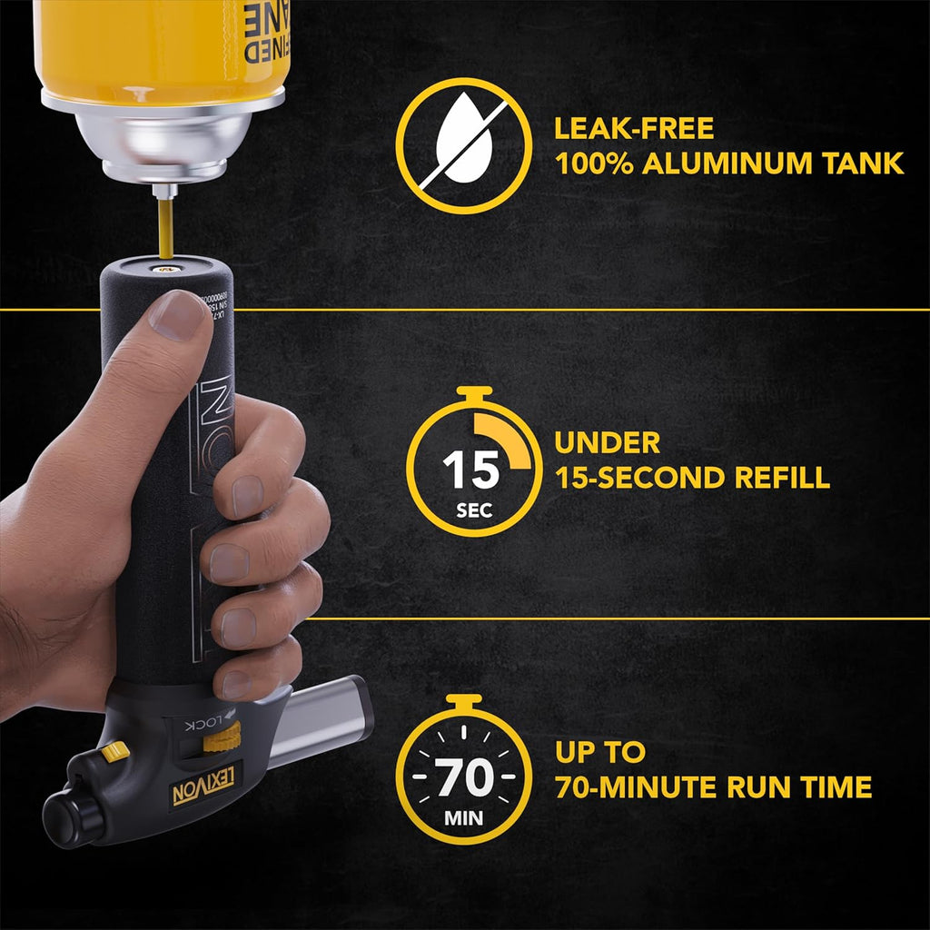 LEXIVON Butane Torch Lighter, Refillable Kitchen Cooking Torch | Self-Igniting with Safety Lock and Adjustable Flame | Pro-Grade Aluminum Tank (LX-775)