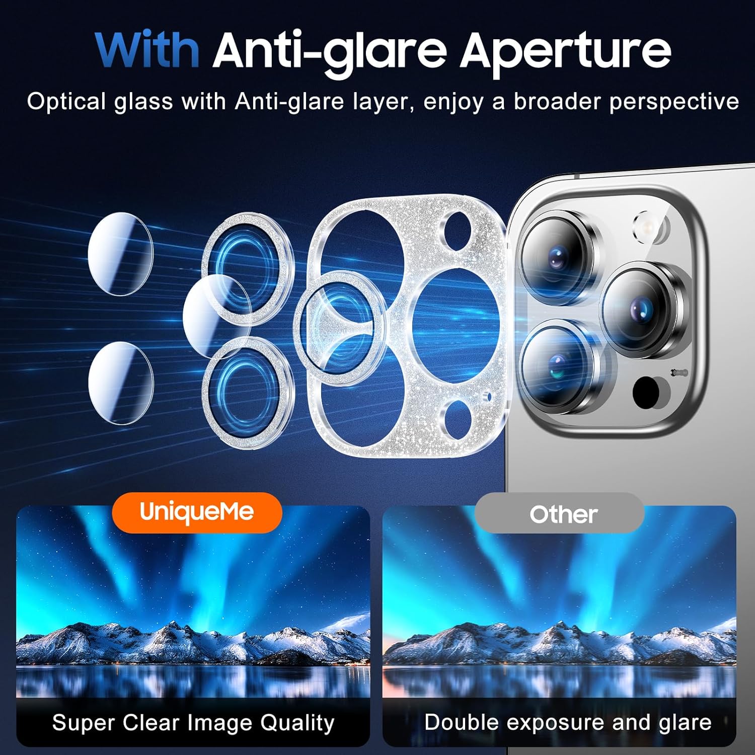 UniqueMe 3 Packs Compatible for iPhone 14 Pro Max/iPhone 14 Pro Camera Lens Protector Acrylic [Not Glass],[Case Friendly][Scratch-Resistant][Night Shooting Mode]-Glitter Silver
