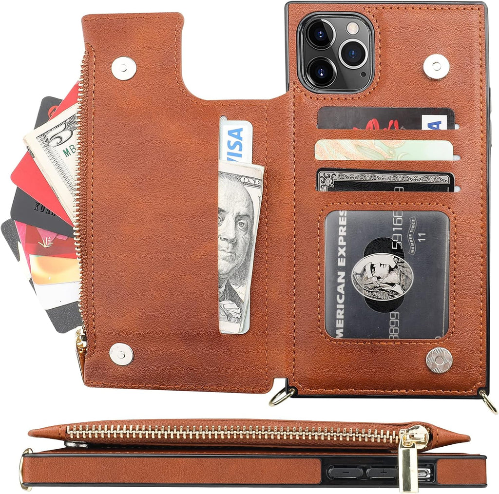 Bocasal Crossbody Wallet Case for iPhone 11 Pro Max with Card Holder,Zipper Card Slot Protector Shockproof Purse Cover with Removable Cross Body Strap 6.5 Inch(Brown)