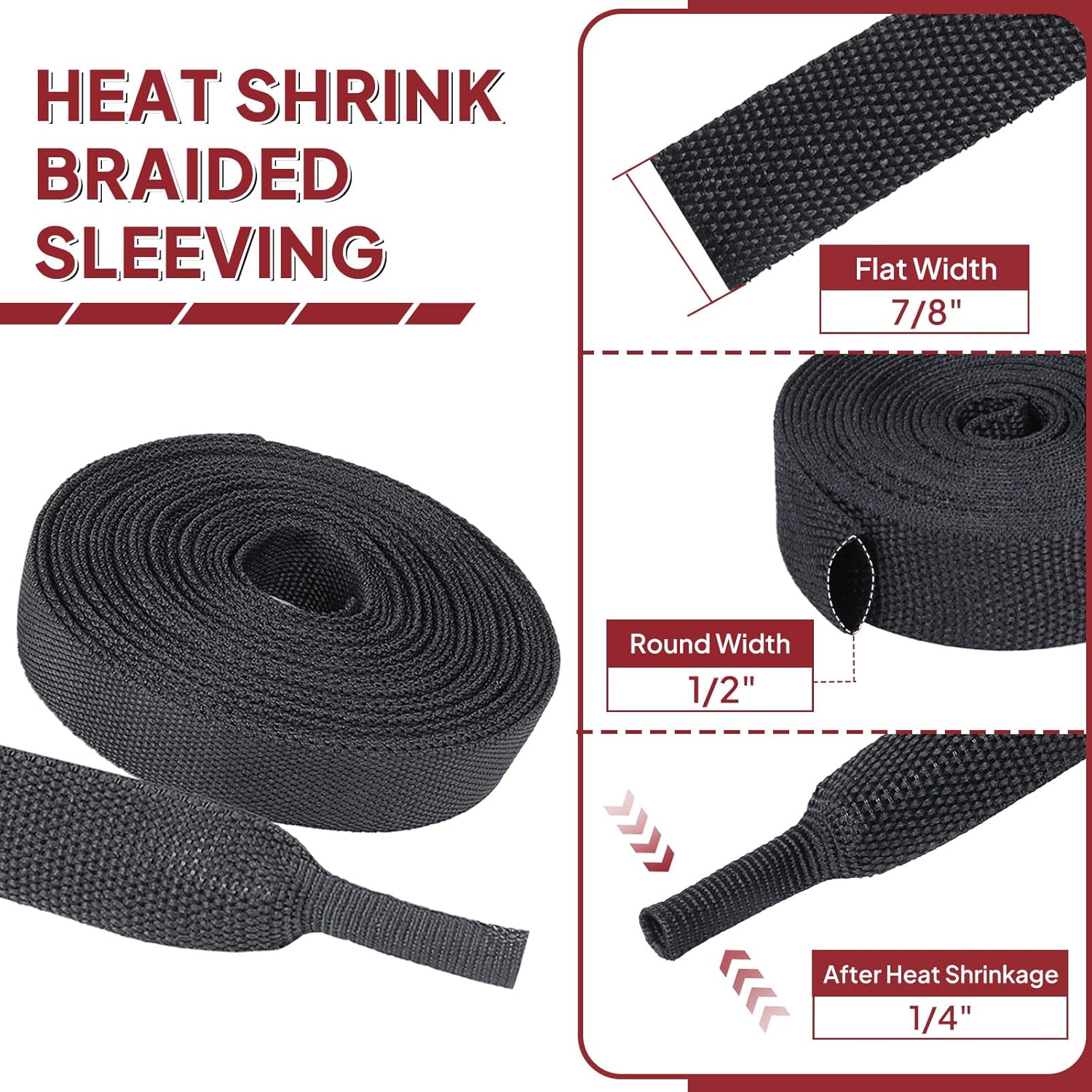 Braided Sleeving 2:1 Shrinkable Fabric Heat Shrink Tubing- Abrasion Protection Flexibility Wiring Harness Cable Sheath (1/2" ID, 30ft)