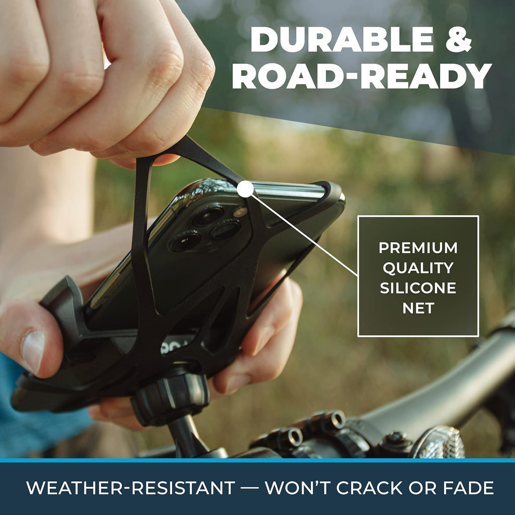 Roam Universal Black Net Bike Phone Mount Holder, 360° Rotation Hands Free Cell Navigation System for Motorcycle eBike Dirt Road Cruiser Scooter Jogging Stroller, Adjustable Up to 3.6" W x 7" L