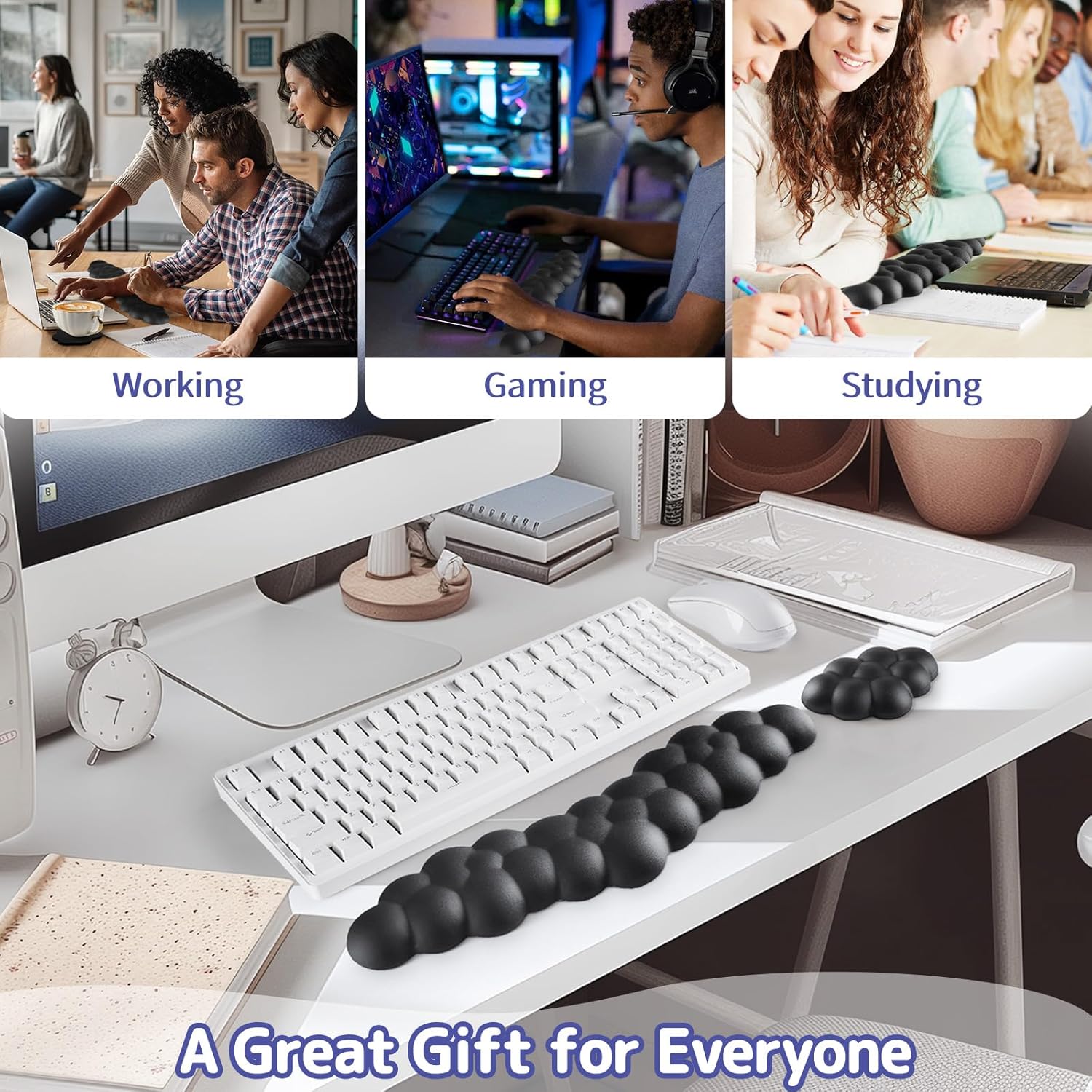 Cloud Wrist Rest for Keyboard and Mouse, Memory Foam PU Leather Keyboard Wrist Rest with Ergonomic Support, Non-Slip Base, Cute Arm Rest Pad & Palm Cushion, Office Desk Accessory, Black