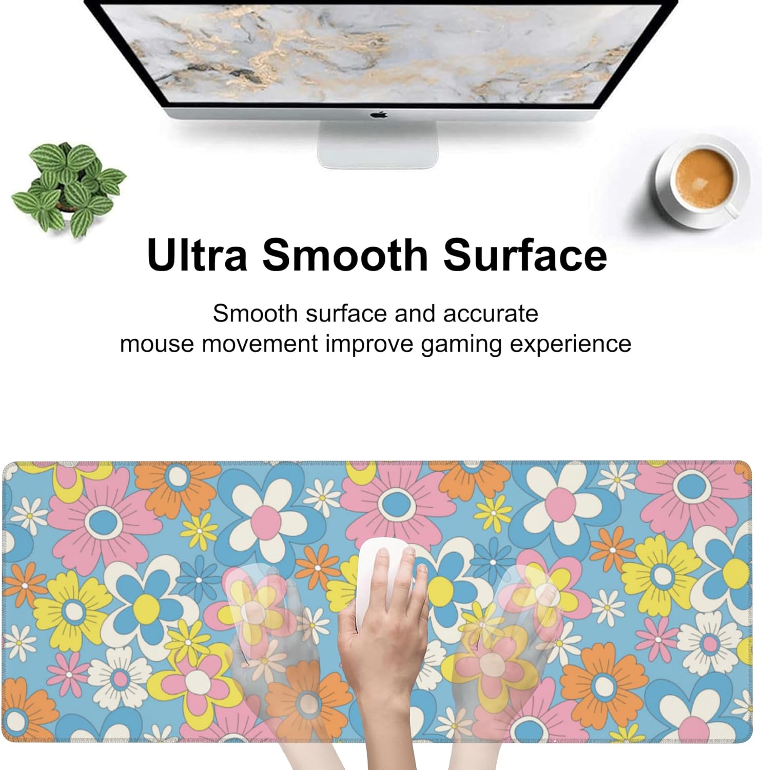 Colorful Retro Flowers Desk Mat,Large Cute Floral Gaming Keyboard Mouse Pad,Non-Slip Rubber Base Desk Pad Thick Stitched Edges Waterproof Mousepad Mouse Mat 31.5"x11.8"
