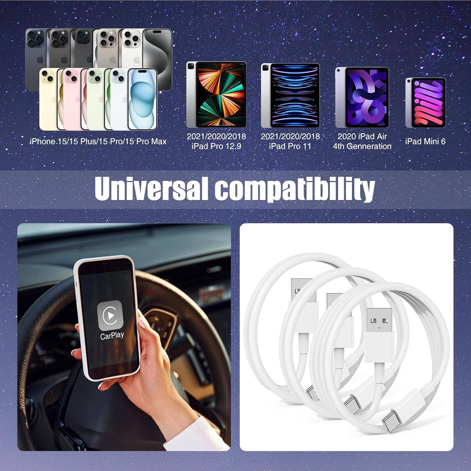 Car Carplay Cable for iPhone 16 15 Pro Plus Pro Max，3-Pack [3.3FT+3.3FT+6FT] USB A to USB C Cable for iPhone 16 15，for iPad Pro/Air/Mini，for Samsung Galaxy S24/S23/S22，for MacBook Pro/Air and More