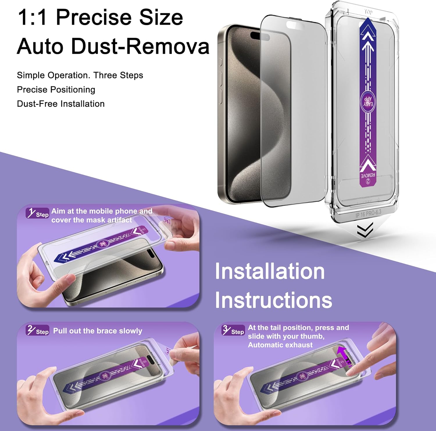 2 Pack Matte Screen Protector for iPhone 16 Pro, 9H Tempered Glass, Full Coverage, Anti-Fingerprint, Auto Dust-Elimination, No Bubble, Easy Installation