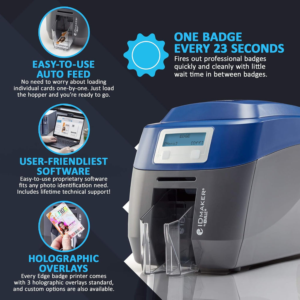 ID Maker Edge 2 Sided Card Printer & Supply Kit for Badge Printing - Print Professional Quality Identification Cards, Easy Software - Magnetic Stripe Encoder, 200-Print Color, 100 PVC Cards