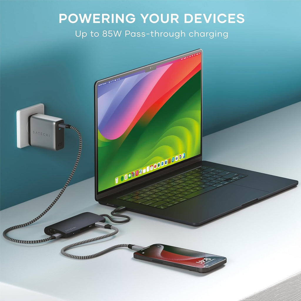 Satechi 8 in 1 USB C Hub Multiport Adapter V3, 8K HDMI, 100W Charging, 4 USB Data Ports, Ethernet, SD Card Reader, for Laptop, for Mac/Windows, MacBook Pro/Air M4/M3/M2/M1, iPad, iPhone 16 - Midnight
