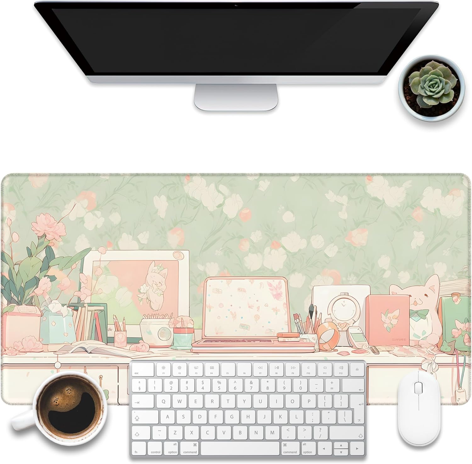 Desk Pad, Kawaii Anime Style Desk Mat, Green Cute Desktop Large Gaming Mouse Pad for Desk, 31.5"x15.7" Extended Big Computer Keyboard Mouse Pad with Non-Slip Base and Stitched Edge