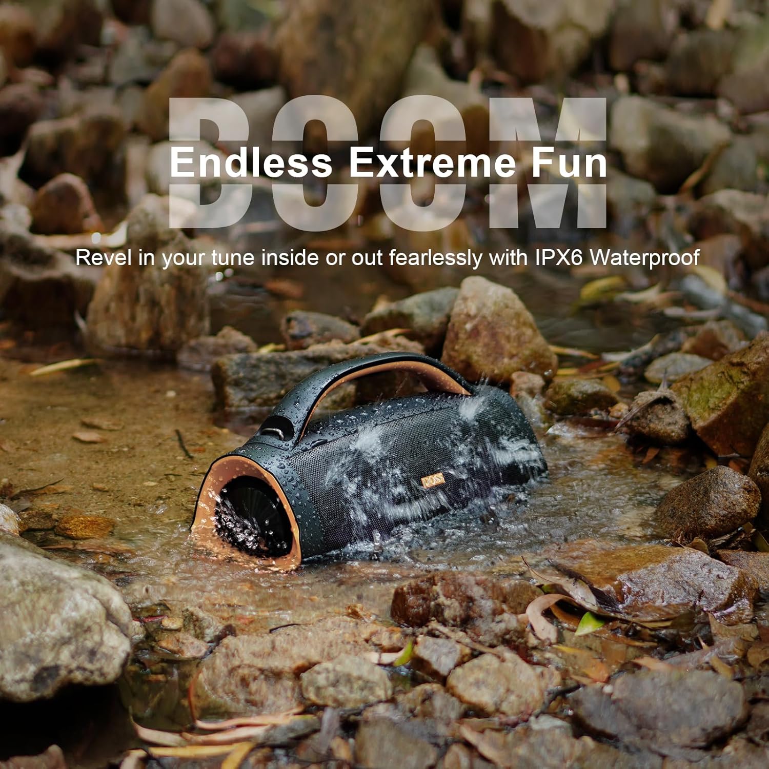 DOSS Extreme Boom+ Loud Bluetooth Speaker with 100W Stereo Sound, Extra Bass, 20H Playtime, Party-Sync Led Lights, Built-in Power Bank, IPX6 Waterproof Outdoor Speaker for Camping, Travel-Copper Gold
