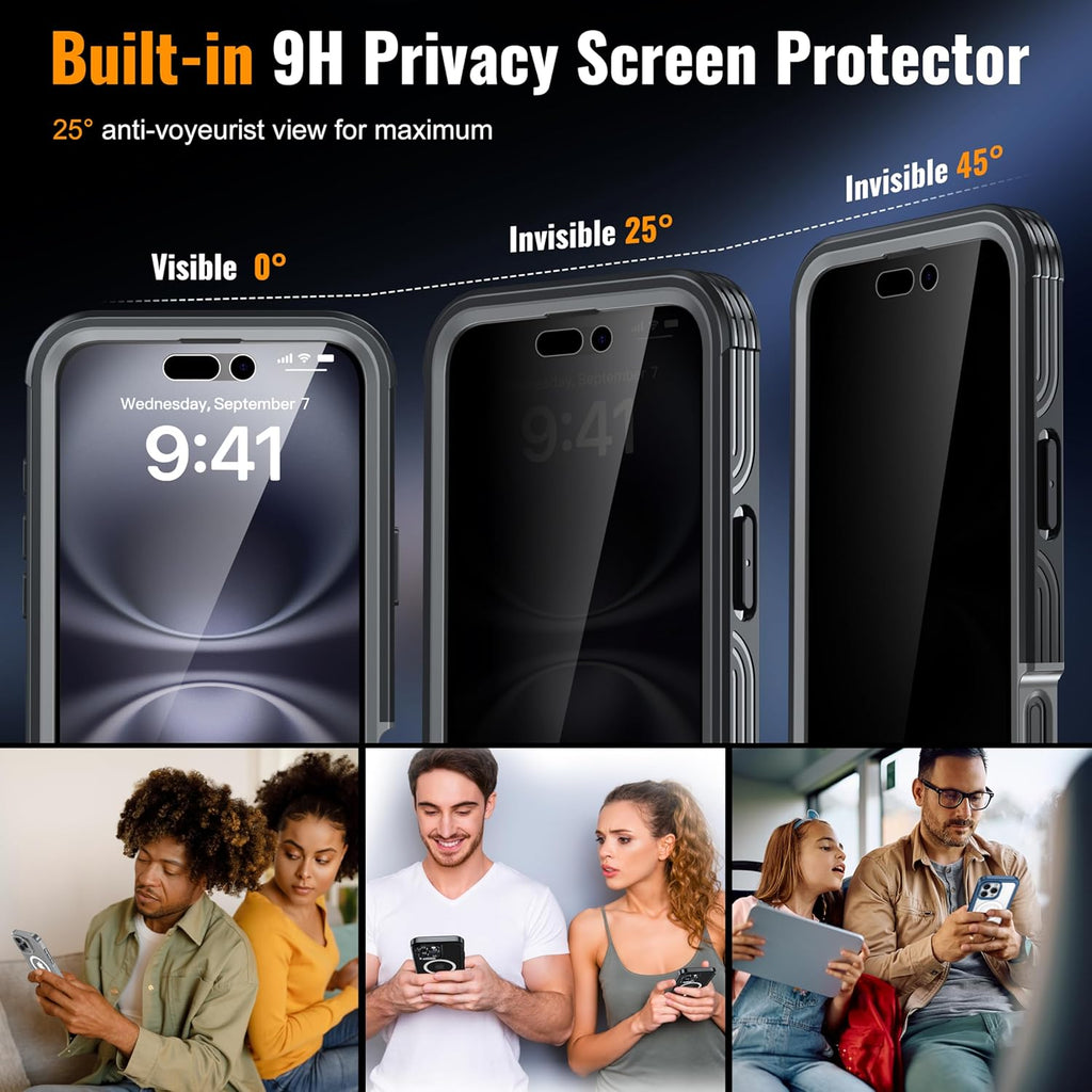 360° Protection Magnetic for iPhone 16 Case Built-in 9H Privacy Screen Protector & Metal Stand[Fit for Magsafe][Anti-Spy][Lens Protector] Heavy Duty Shockproof Phone Case for iPhone 16(Black)