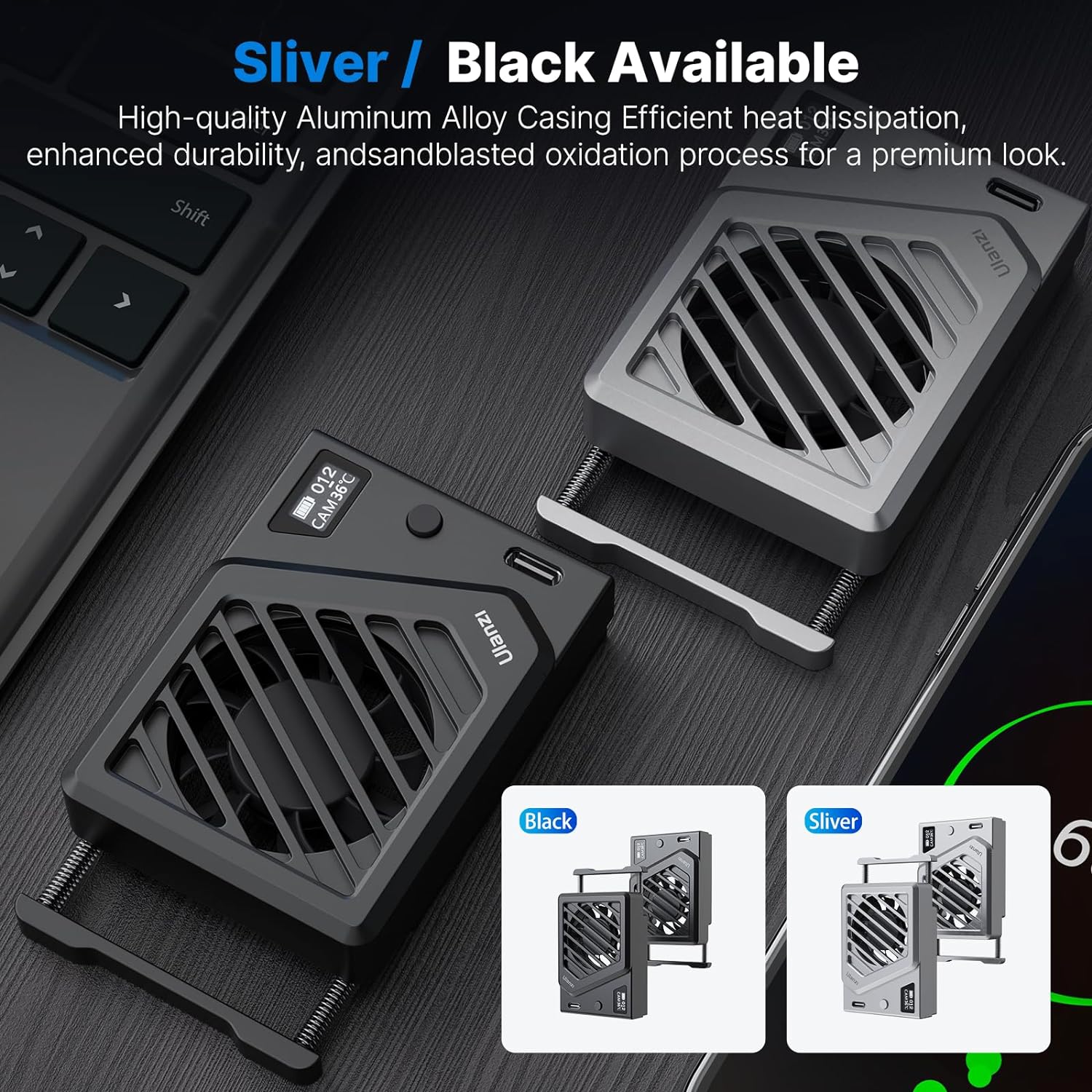 ULANZI Camera Cooling Fan Silver New, Spring Telescopic Mounting Adjustable Mini Intelligent Cooling Fan Real-time Monitoring with Type-C Charging Port, Compatible with Sony Canon FUJIFILM Nikon