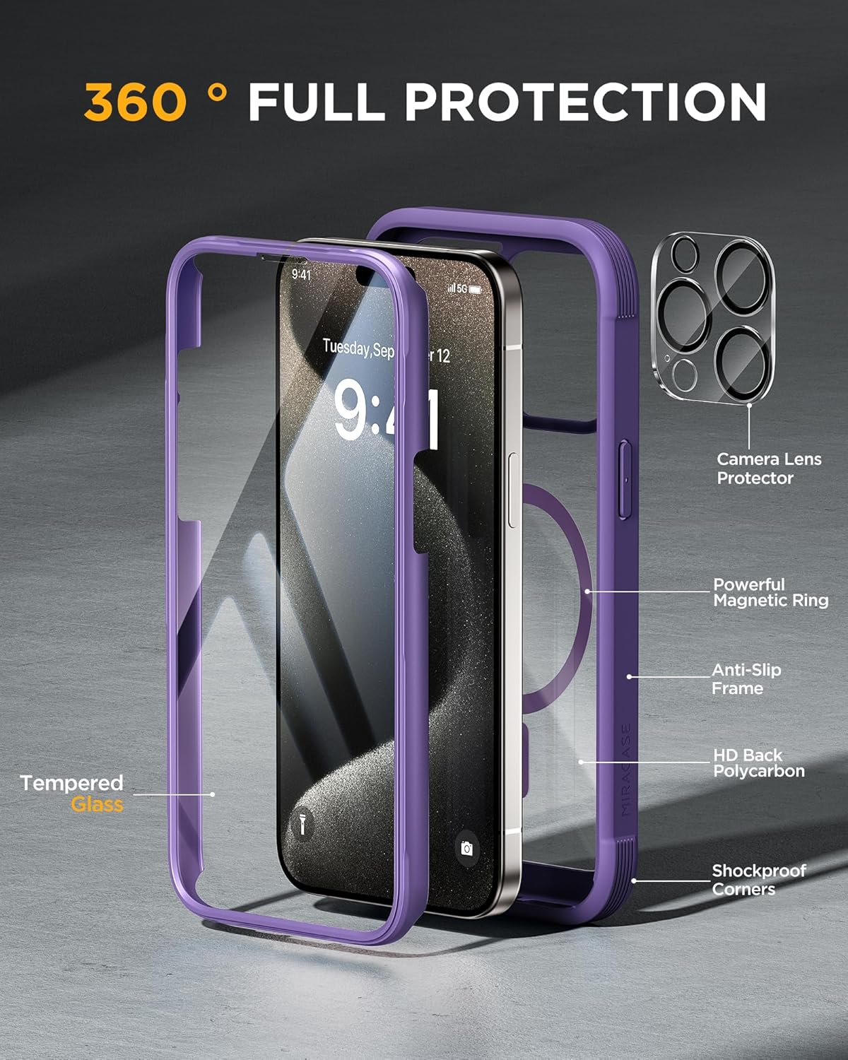 Miracase Magnetic for iPhone 15 Pro Case [Compatible with MagSafe] Full-Body Bumper Phone case with Built-in Glass Screen Protector& Camera Protector, Military Drop Proof 15 Pro Cover, Magnetic Purple