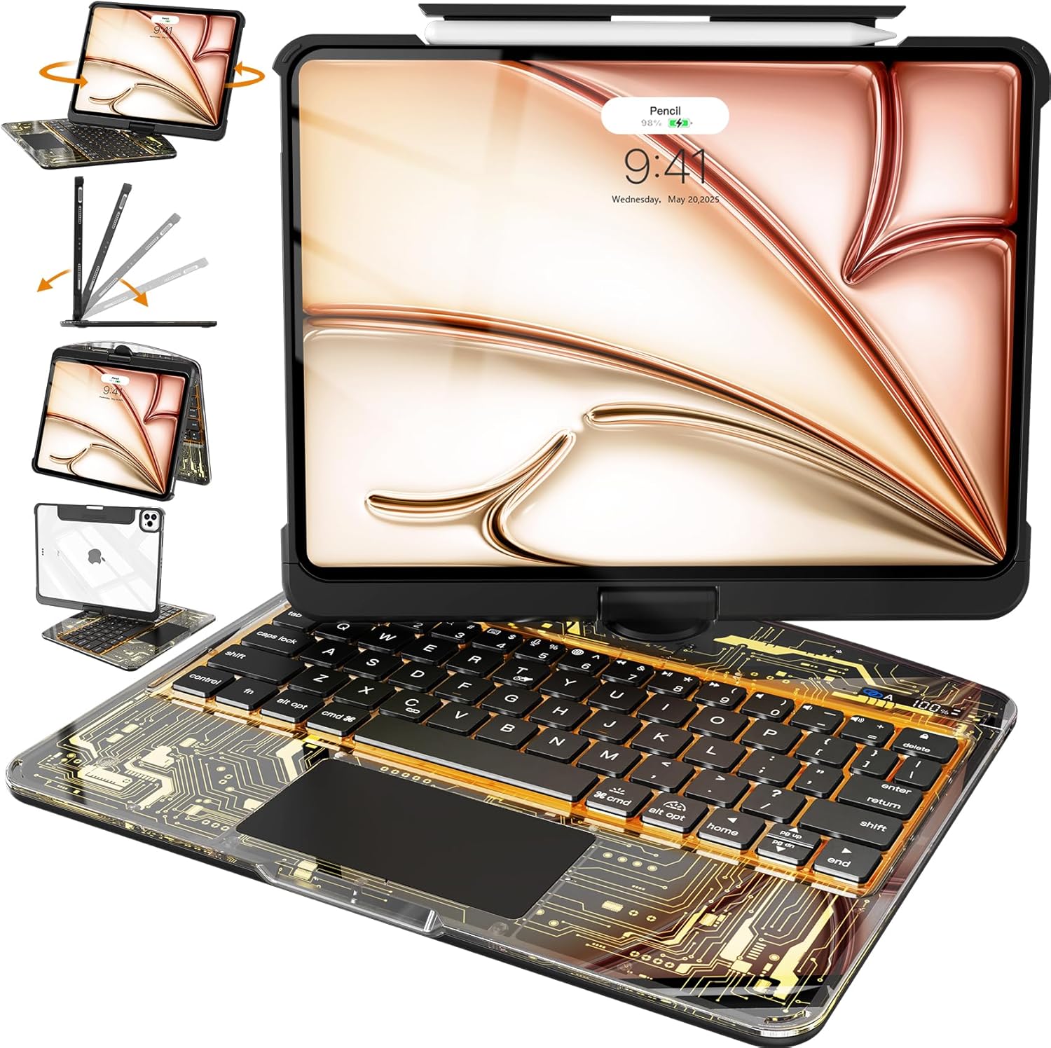 Intermerge Clear Keyboard Case for iPad Air 13" (M3/M2, 2025/2024) & Pro 12.9" (2022-2018) - 360° Rotatable Trackpad, RGB Backlit Keyboard, Pencil Holder, Power Indicator, Type-C, Shadow Pulse