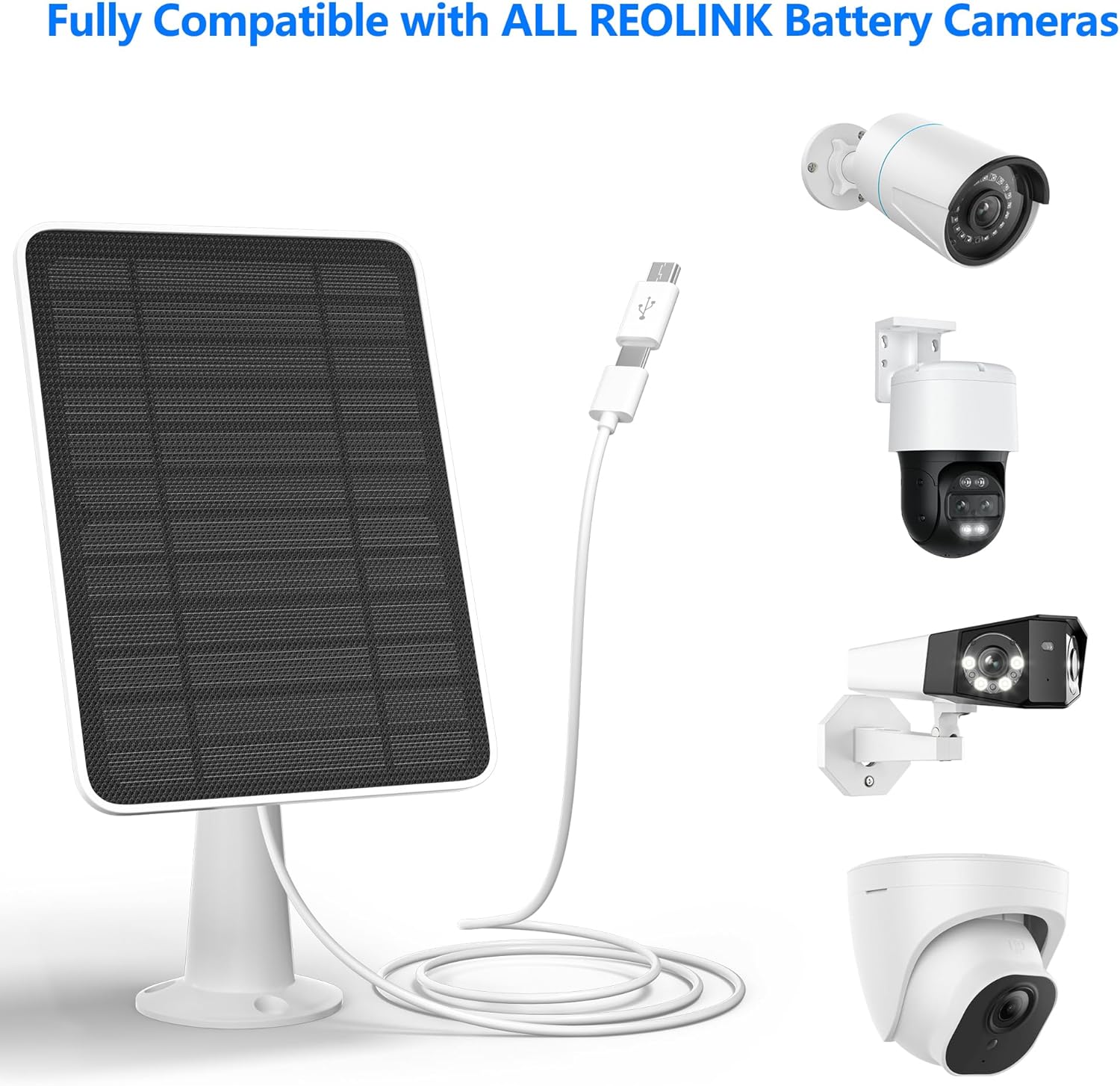 Solar Panel Charger Compatible with Reolink Argus 2E/Eco Ultra/Go PT Plus/Go Plus/Argus 3 Pro/Argus PT, 5W Solar Panels for Reolink Battery Camera, IP65 Waterproof 10ft Cable Secure Wall Mount, 2 Pack