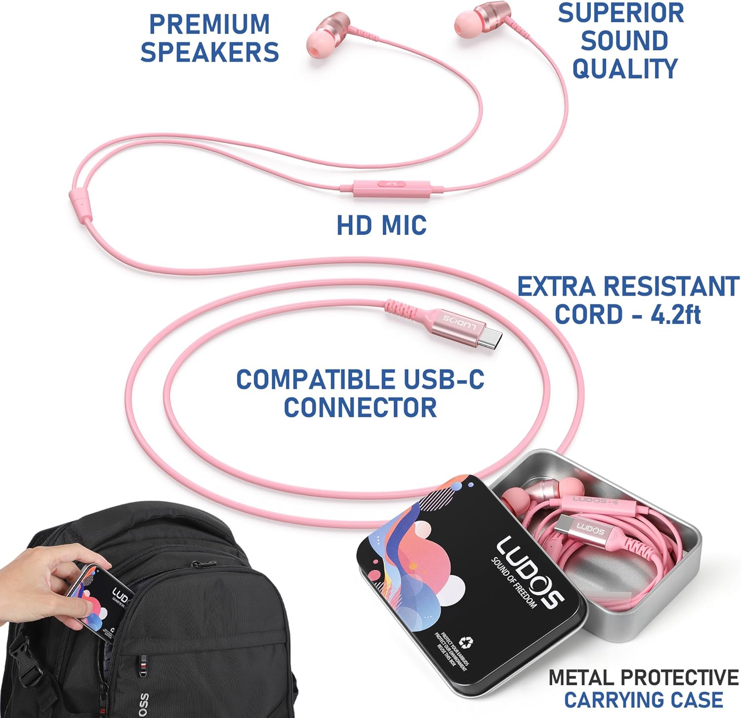 LUDOS OMNITONE USB C Headphones for iPhone 16 15 Pro Max Plus iPad Pro, 5 Years Warranty, USB-C Earbuds for Samsung Galaxy S24 S23 Ultra S22 S21 FE S20 A55 A54 A53, USB Type C Earphones - Pink