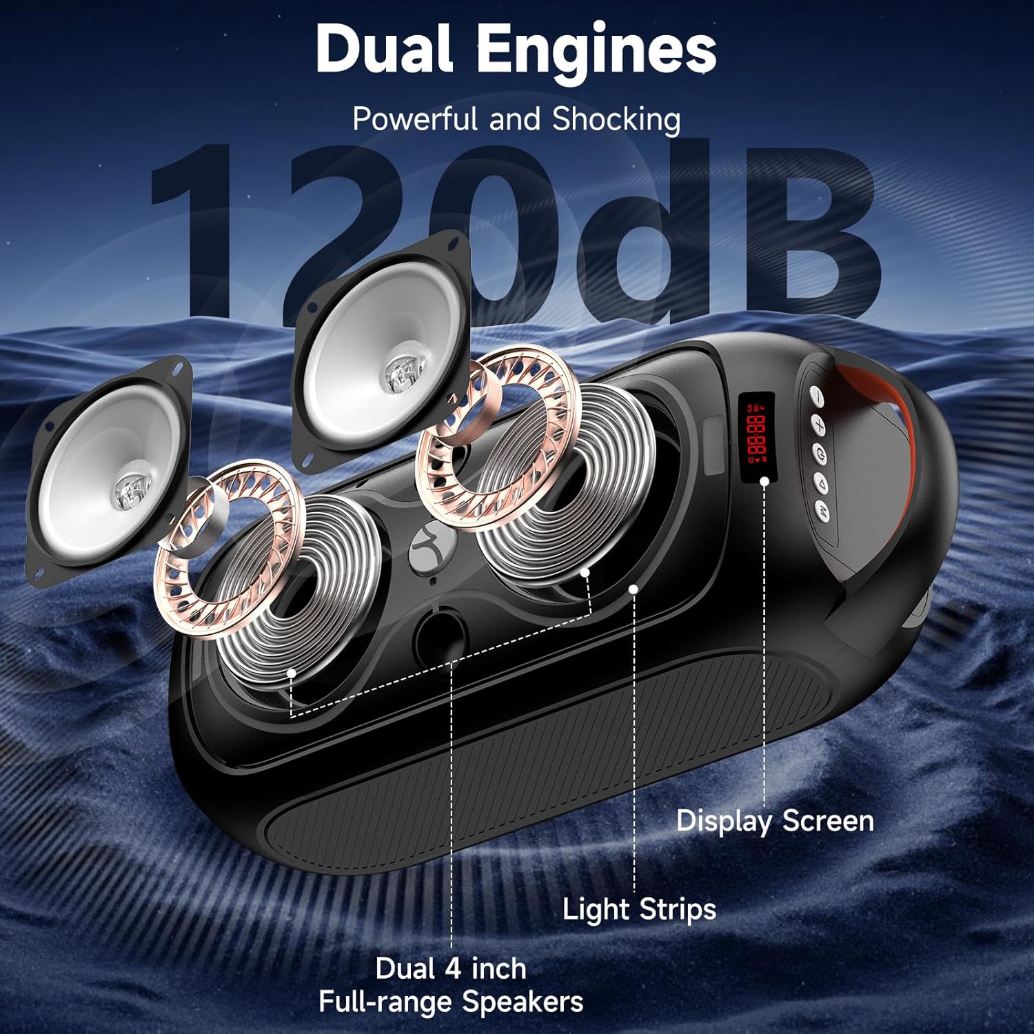 Portable Bluetooth Speaker 120dB Loud with Beat-Sync LED Lights & Dual 4-inch Speakers – 5 RGB Modes + 8 Colors, Bluetooth 5.3, USB/TF/AUX/FM/Mic, TWS Pairing – for Outdoor, Party, Camping & Beach