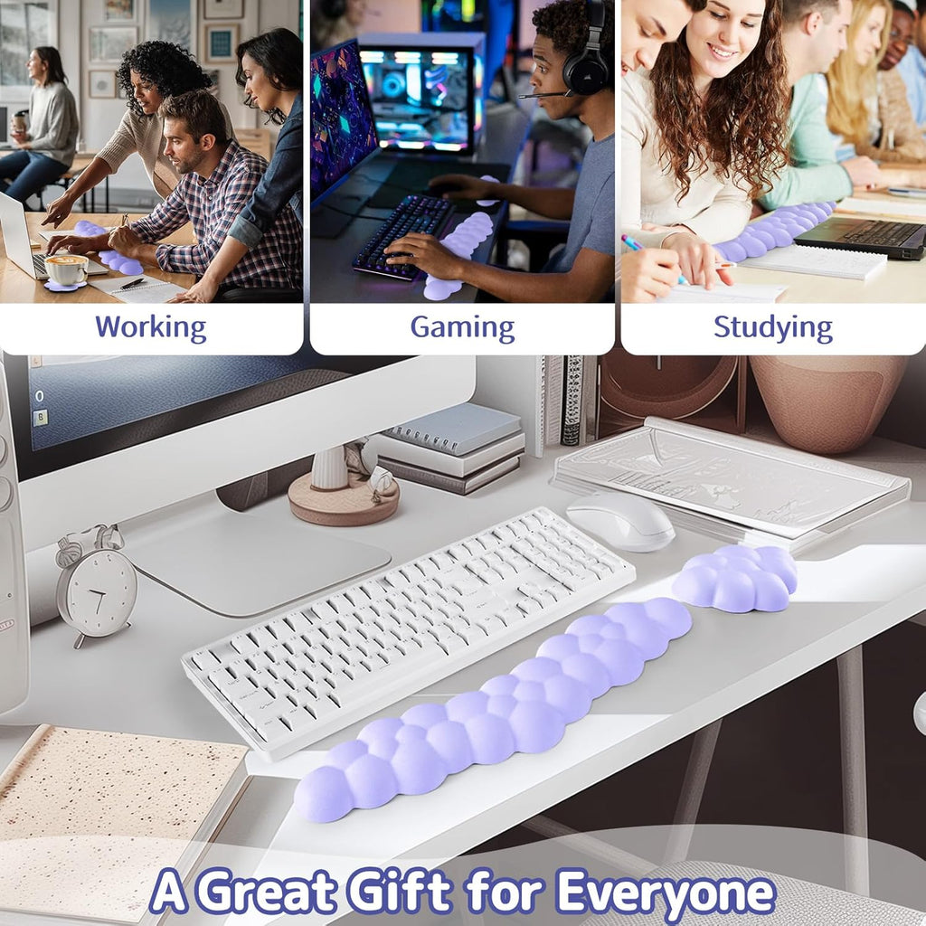 Cloud Wrist Rest for Keyboard and Mouse, Memory Foam PU Leather Keyboard Wrist Rest with Ergonomic Support, Non-Slip Base, Cute Arm Rest Pad & Palm Cushion, Office Desk Accessory, Purple