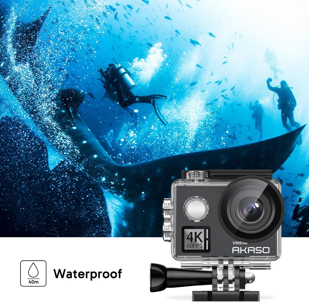 AKASO V50 Elite 4K60fps Action Camera with 128GB MicroSDXC U3 Memory Card Accessories Kit Bundle Voice Control EIS 131 feet Waterproof Camera 8X Zoom Remote Control