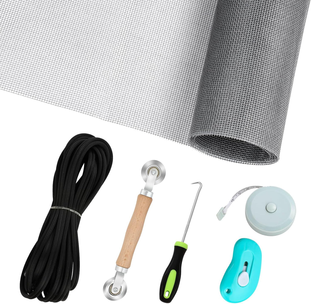Windows Screen Replacement and Screen Door Repair Kit, 6Pcs Window Screen Fiberglass Mesh Kit - Window Screen & Screen Door Mesh & Screen Porch Repair Kit (Gray, 48" x 118")
