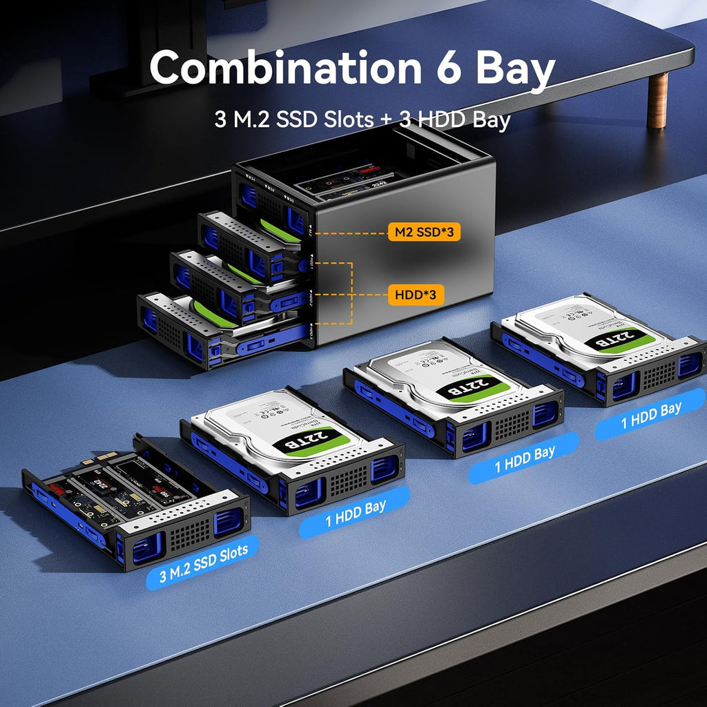 Hybrid 3*2.5/3.5" SATA HDD/SSD+3* M / B+M Key M.2 NVMe Enclosure with Cooling Fan and USB A/C 3.2 Gen 2, Hard Drive Enclosure Support 90TB(3*22TB HDD+3*8TB 2230/2242/2260/2280/22110 SSDs)