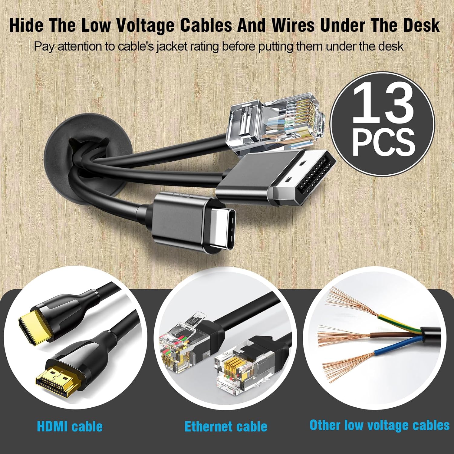 3/4" Black Desk Grommet, JTemgle Flexible Cable Grommet with Bi-Metal Hole Saw Cross Rubber Cable Hole Cover Wire Organizer Caps Desktop Cord Management for Home Office TV Stands Tabletops, 13 Pieces