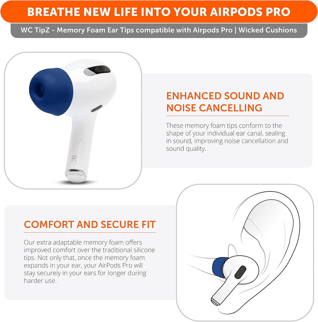 WC TipZ - Upgraded Memory Foam Ear Tips for Airpods Pro Made by Wicked Cushions | Improved Comfort, Tighter Seal, Better Foam Rebound Time | Fits Perfectly in Charging Case | (Navy Blue)