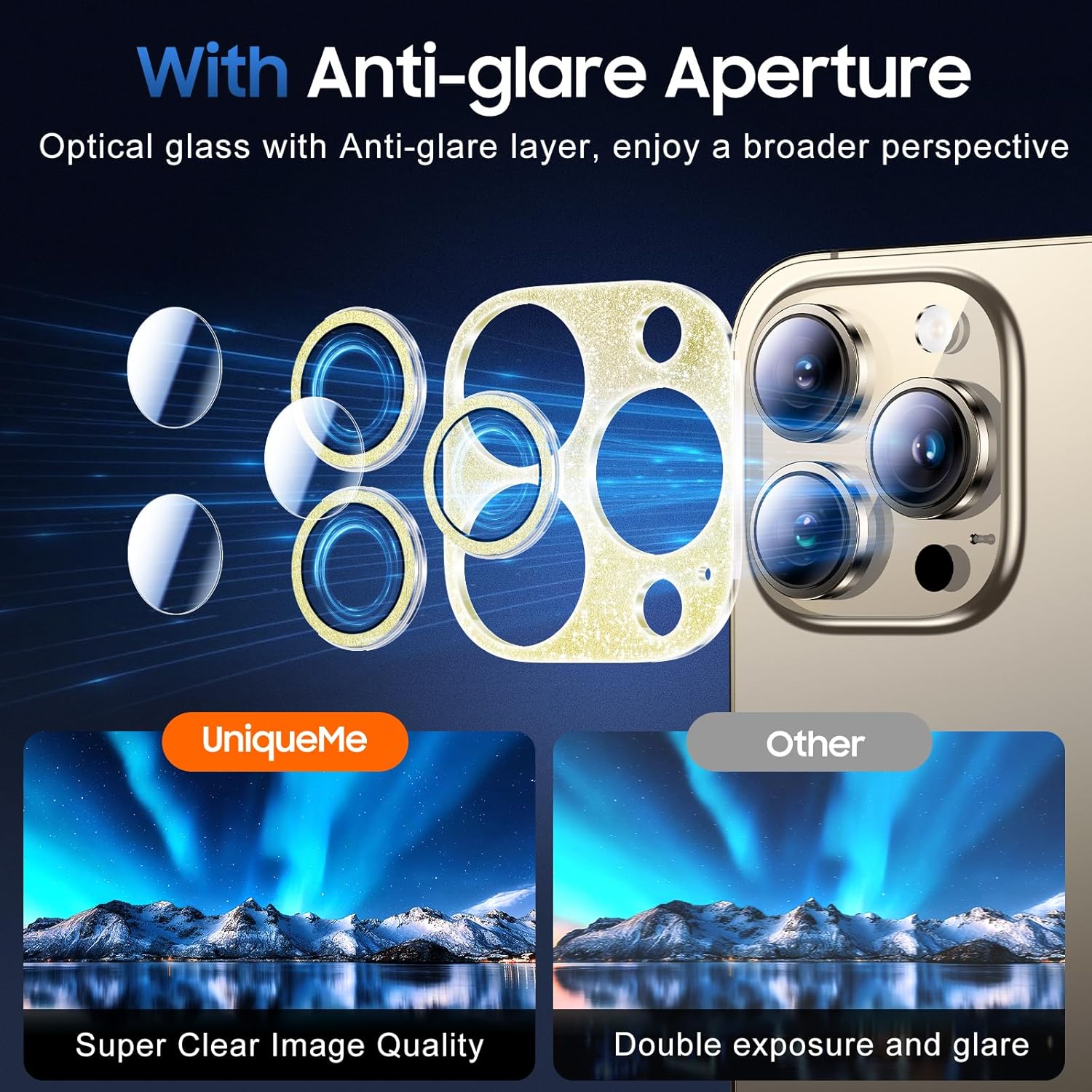 UniqueMe 3 Packs Compatible for iPhone 14 Pro Max/iPhone 14 Pro Camera Lens Protector Acrylic [Not Glass],[Case Friendly][Scratch-Resistant][Night Shooting Mode]-Glitter Golden