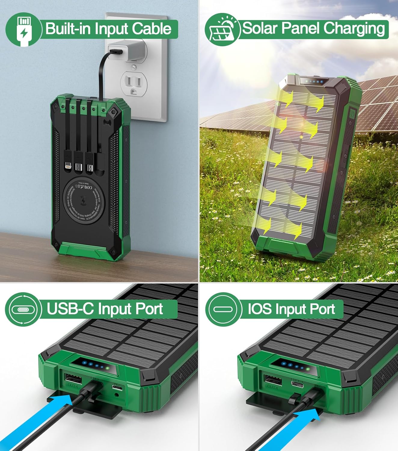 GOODaaa Power Bank Wireless Charger 36000mAh Built in 4 Cables Six Outputs 15W Fast Charging Power Bank for All Mobile Devices Three Inputs Solar Portable Charger with Dual Flashlights, Carabiner