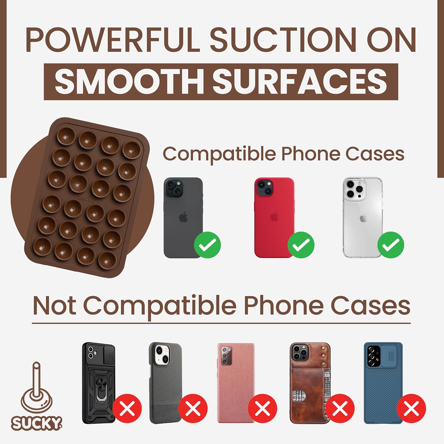 SUCKY Silicone Suction Phone Case Adhesive Mount - Anti-Slip Holder, Hands-Free Fidget Toy, Phone Accessory for iPhone and Android - Sticky Grip for Selfies, Videos, and Tiktok - Mocha Brown