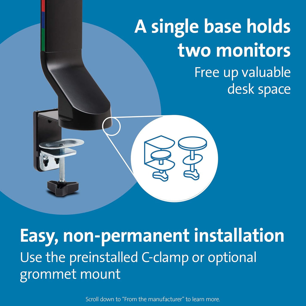 Kensington Dual Monitor Mount for Desk, C-clamp Vesa Monitor Stand Fits 2 Ultrawide Monitors Up to 27 Inches, Low Profile Stand, Height Adjustable Rotating Free Standing Arm, Black