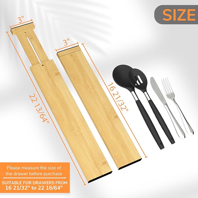 BAMEOS Bamboo Expandable Drawer Dividers – Fits 16.65"–22" Drawers - Image 2