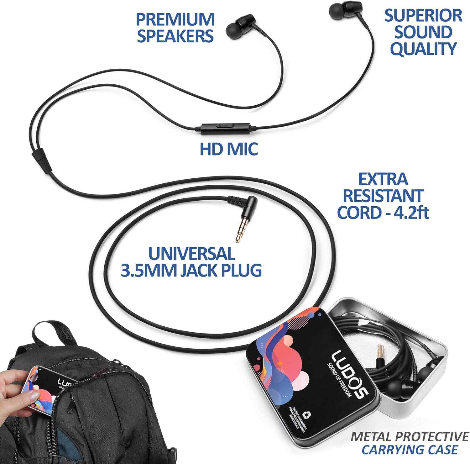 LUDOS OMNITONE Wired Earbuds in-Ear Headphones, 5 Year Warranty, Earphones with Microphone, 3.5 mm Jack Corded Ear Buds, Videoconference for iPhone, Samsung, Computer, Laptop, Kids, School Students