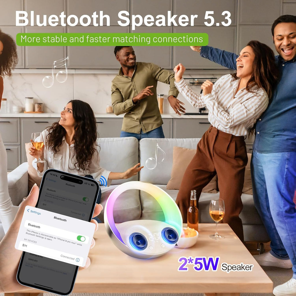 Bluetooth Alarm Clock, Sunrise Simulation Wake Up Night Light, 15W Fast Wireless Charging Alarm Clock for Bedroom, 10W Bluetooth Stereo Sound Speaker, USB Charger Port