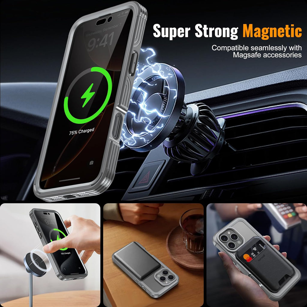 Magnetic & Stand for iPhone 16 Pro Max Case Built-in Privacy Screen Protector[360° Full Body Protection][Fit for Magsafe][Lens Protector] Heavy Duty Shockproof Case for iPhone 16 Pro Max Gray