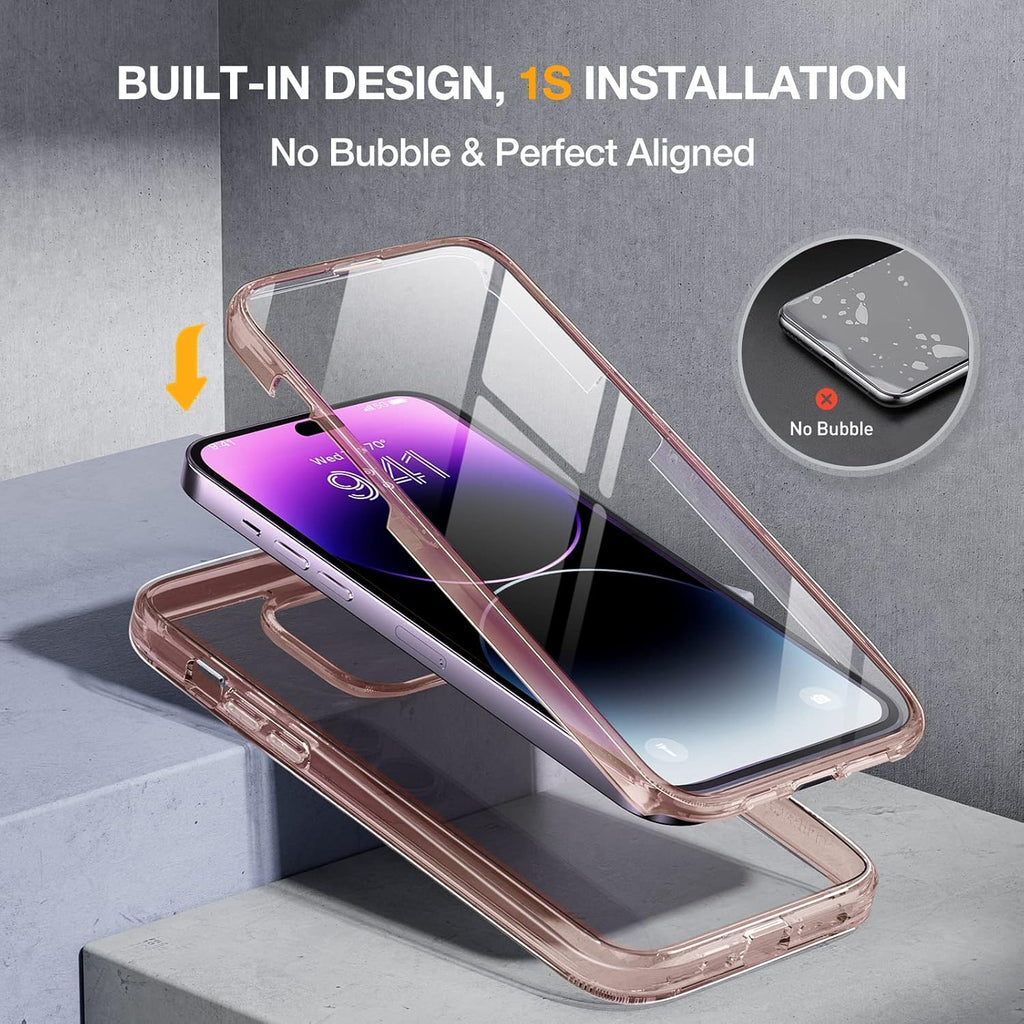 Miracase Glass Series Designed for iPhone 14 Pro Max Case 6.7 Inch, Upgrade Full-Body Bumper Case with Built-in 9H Tempered Glass Screen Protector, with Camera Lens Protector, Clear Pink