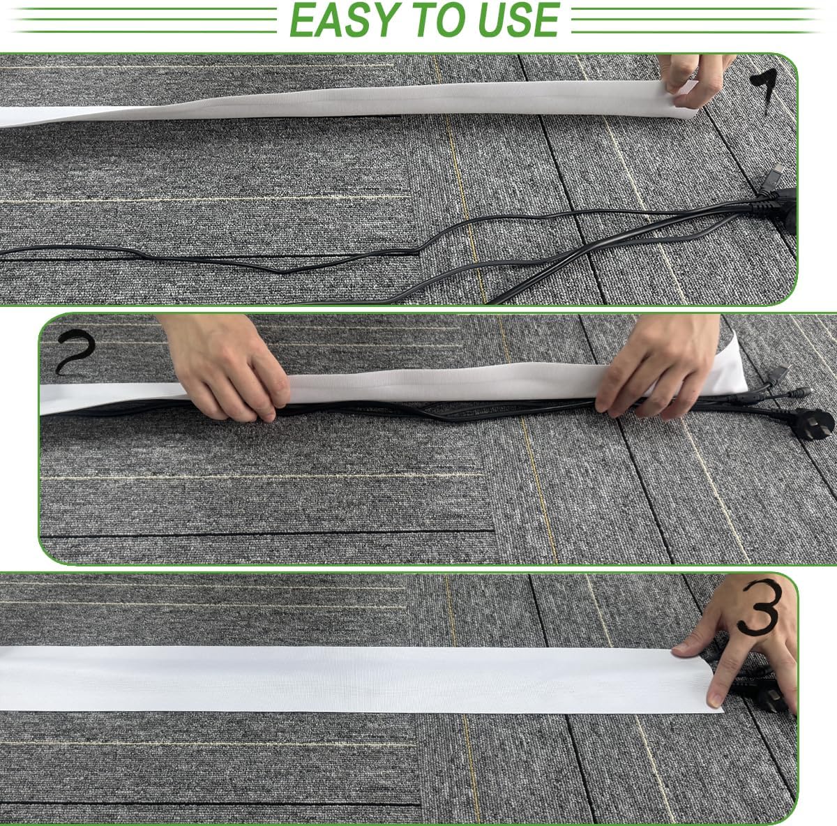 Floor Cable Covers - 10ft Oxford Fabric Cord Protector with Adhesive Hook & Loop,Waterproof Wire Storage Sleeve for Any Floor Surface,Durable Cable Management to Prevent Tripping Hazards (White, 10ft)