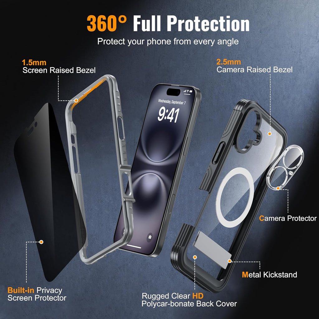 360° Protection Magnetic for iPhone 16 Case Built-in 9H Privacy Screen Protector & Metal Stand[Fit for Magsafe][Anti-Spy][Lens Protector] Heavy Duty Shockproof Phone Case for iPhone 16(Black)