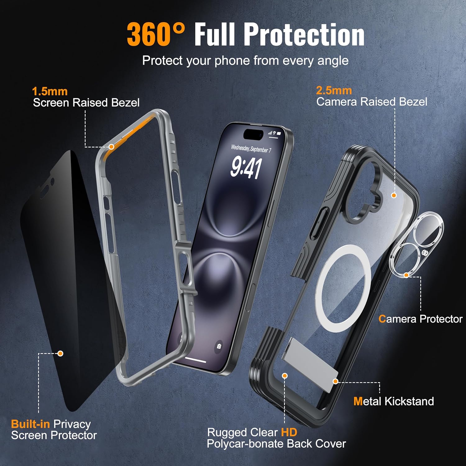 360° Protection Magnetic for iPhone 16 Case Built-in 9H Privacy Screen Protector & Metal Stand[Fit for Magsafe][Anti-Spy][Lens Protector] Heavy Duty Shockproof Phone Case for iPhone 16(Black)