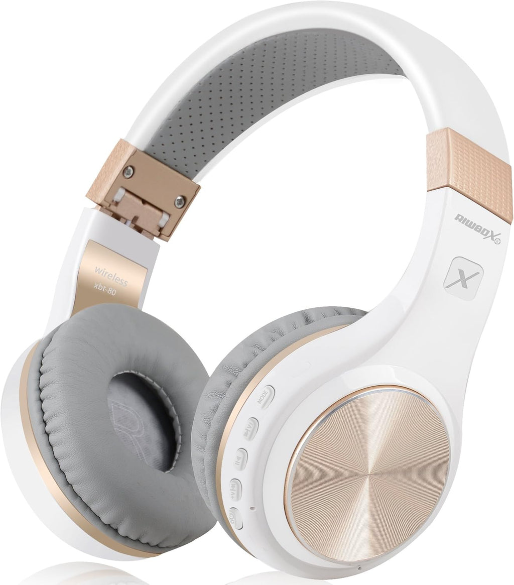 Riwbox Bluetooth Headphones, XBT-80 Folding Stereo Wireless Bluetooth Headphones Over Ear with Microphone and Volume Control, Wireless and Wired Headset for PC/Cell Phones/TV/Gym (White Gold)