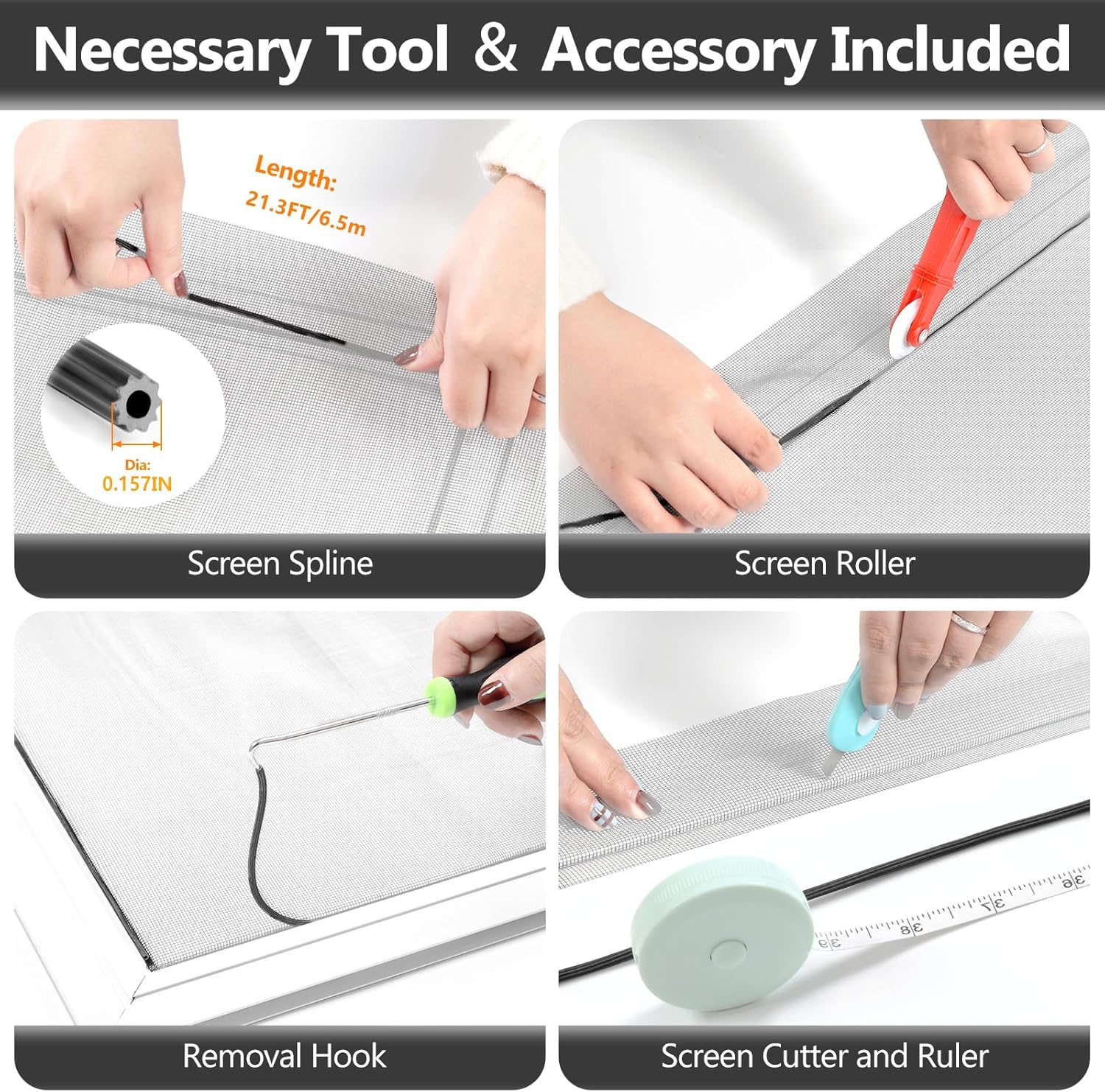 Window Screen Door Repair Kit, 39" x 78" Screen Door Mesh Replacement Kit, Durable Fiberglass Mesh Screen Roll with Tools for Windows Doors Patio and Porch Screens Replacement, Grey
