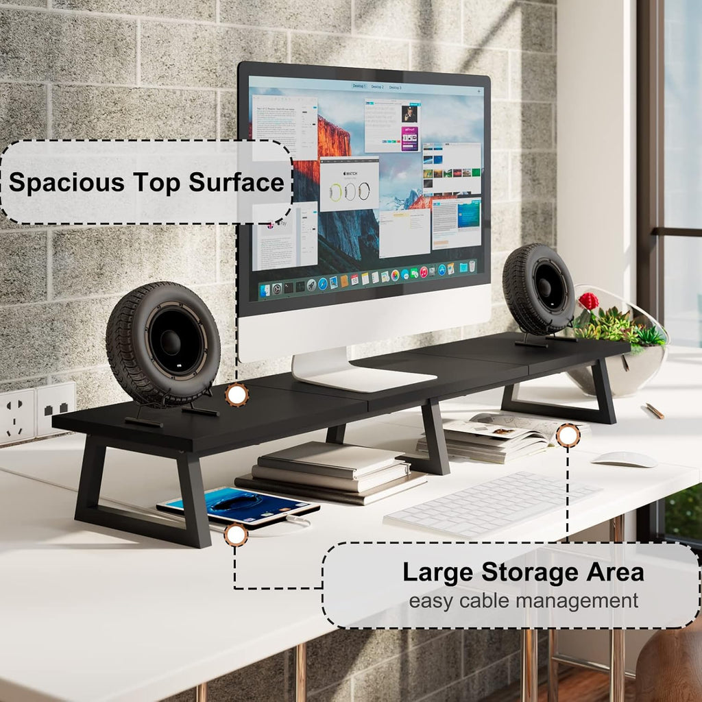 TEAMIX Black 42 inch Dual Monitor Riser,Wood and Steel Long Monitor Stand for 2 Monitors with Storage Large TV Riser Computer Laptop Stand for Desk Office Organization