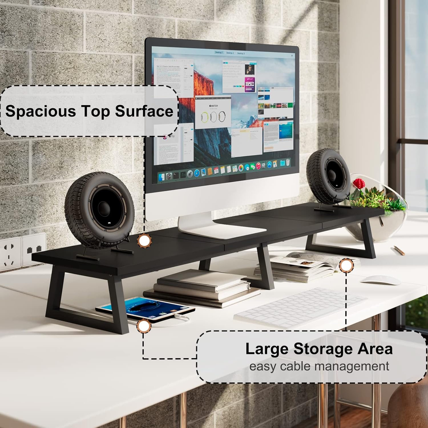 TEAMIX Black 42 inch Dual Monitor Riser,Wood and Steel Long Monitor Stand for 2 Monitors with Storage Large TV Riser Computer Laptop Stand for Desk Office Organization