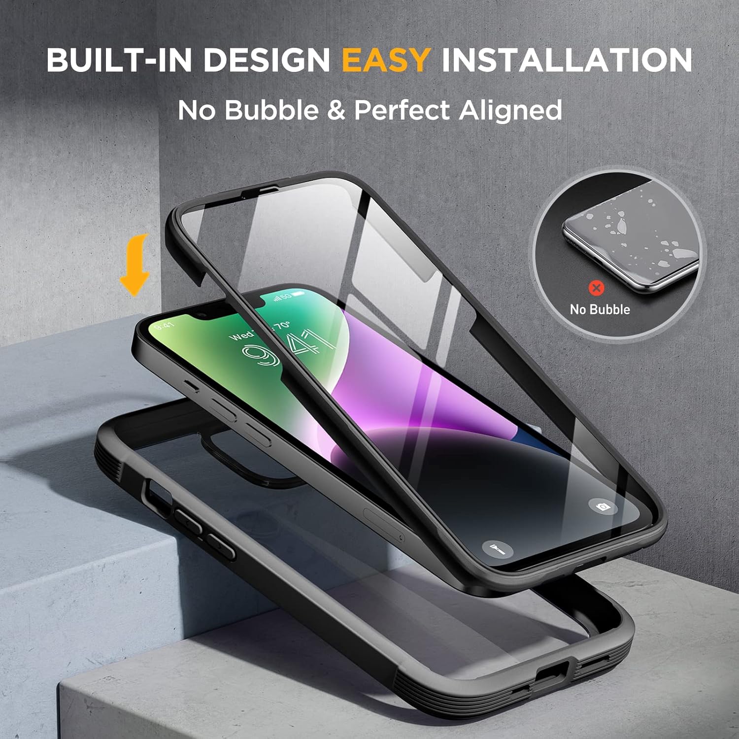 Miracase Designed for iPhone 14 Case 6.1 inch, [Built-in Tempered Glass Screen Protector] [Bubble Free] Full-Body Protective Bumper Phone Case with Camera Lens Protector, Black