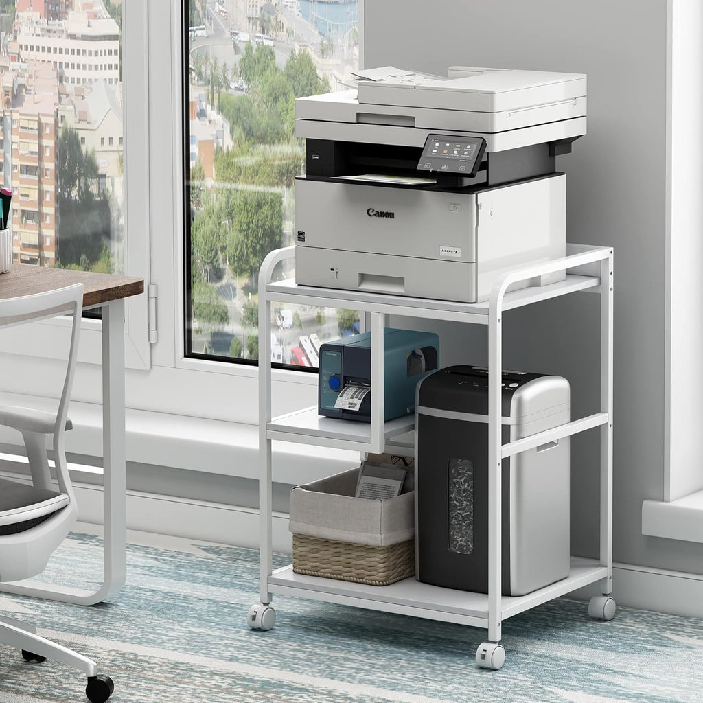 Large Printer Stand Table with Storage Shelf for Host Computer, PC Tower, CPU and Shredder, 3 Tier Rolling Printer Cart with Wheels for Home Office Storage and Organization - White