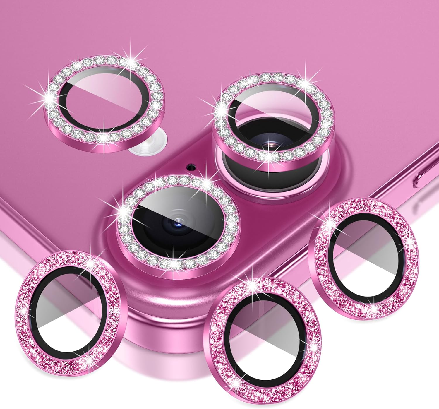 AGVEE 3+3 6 Pack for iPhone 16 6.1" / 16 Plus 6.7" Camera Lens Cover Protector, Bling Diamond & Bling Glitter Metal Ring 9H Tempered HD Glass Camera Cover Protector Film, Bling-Rose
